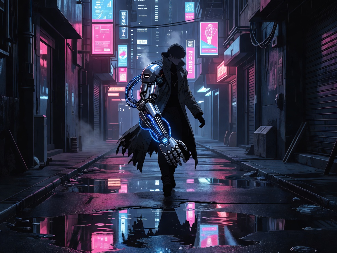A narrow alley in an animated city style, wet ground reflecting pink and blue signage, with a figure whose arm is visibly mechanical