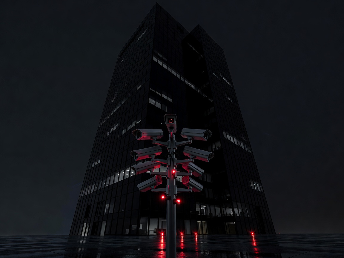 A black glass corporate tower at night with a cluster of surveillance cameras mounted on a pole in the foreground, red indicator lights glowing