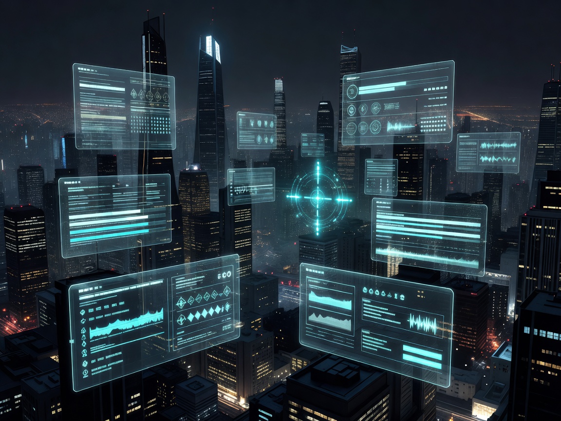 Translucent cyan interface panels floating over a dark cityscape, with a targeting reticle and stacked data readouts