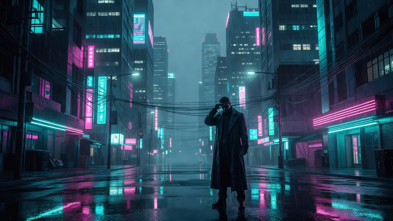 Rain-slick street at night lit by cyan and magenta neon signs, with dense towers and cables rising into haze