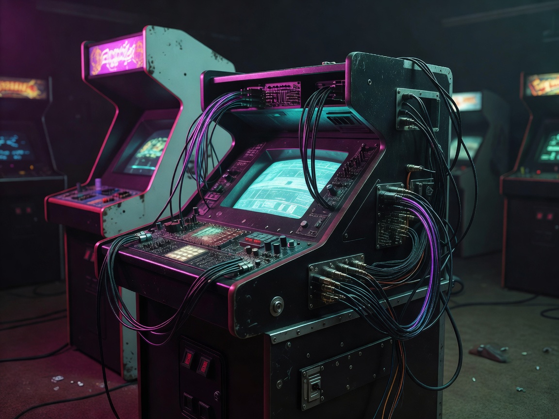 A cyberdeck-style terminal with a glowing cyan screen inside a dim arcade, magenta light spilling across the cabinet and cables