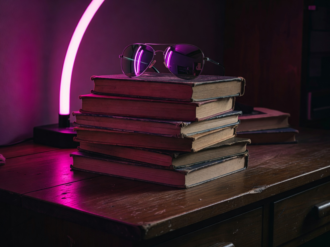 A stack of worn paperback novels on a desk lit by a magenta neon tube, with a pair of mirrored sunglasses resting on top