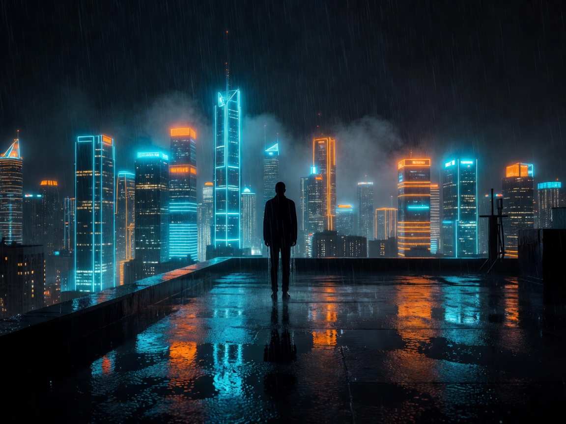 A rain-soaked rooftop at night overlooking a skyline of towers wrapped in cyan and orange signage, with a lone silhouetted figure at the edge