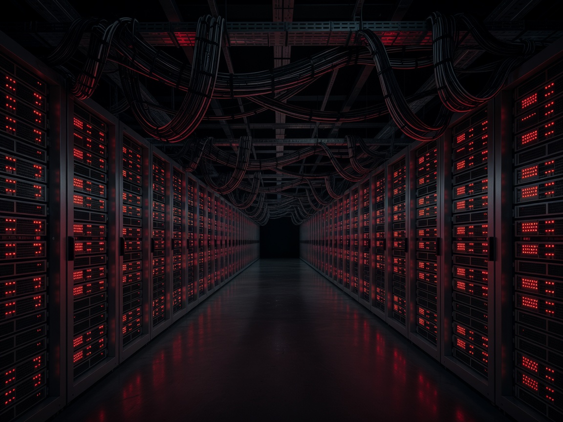 A long server hall with racks receding into darkness, bundled cables overhead, lit only by red status lights