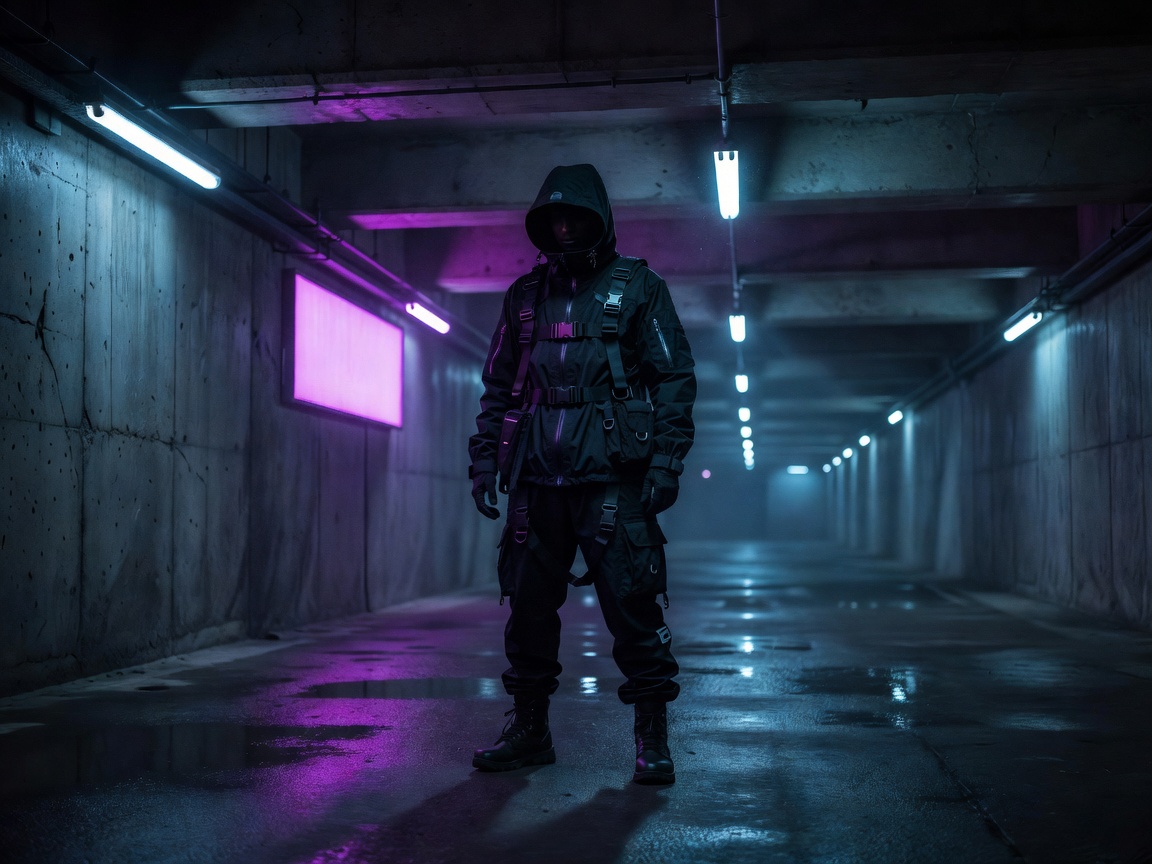 A figure in a black hooded shell jacket with strapped layers standing in a concrete underpass lit by cyan tube lights and a magenta sign