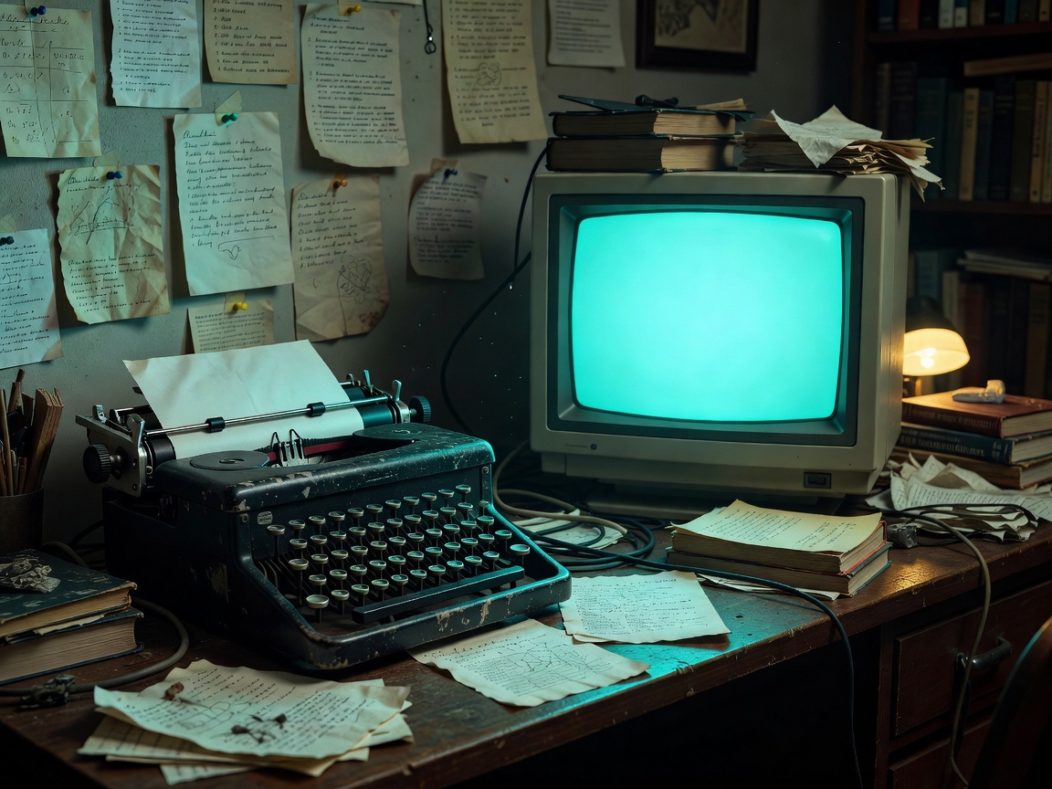 A cluttered study where a manual typewriter sits beside a cathode-ray monitor glowing cyan, notes pinned to the wall behind